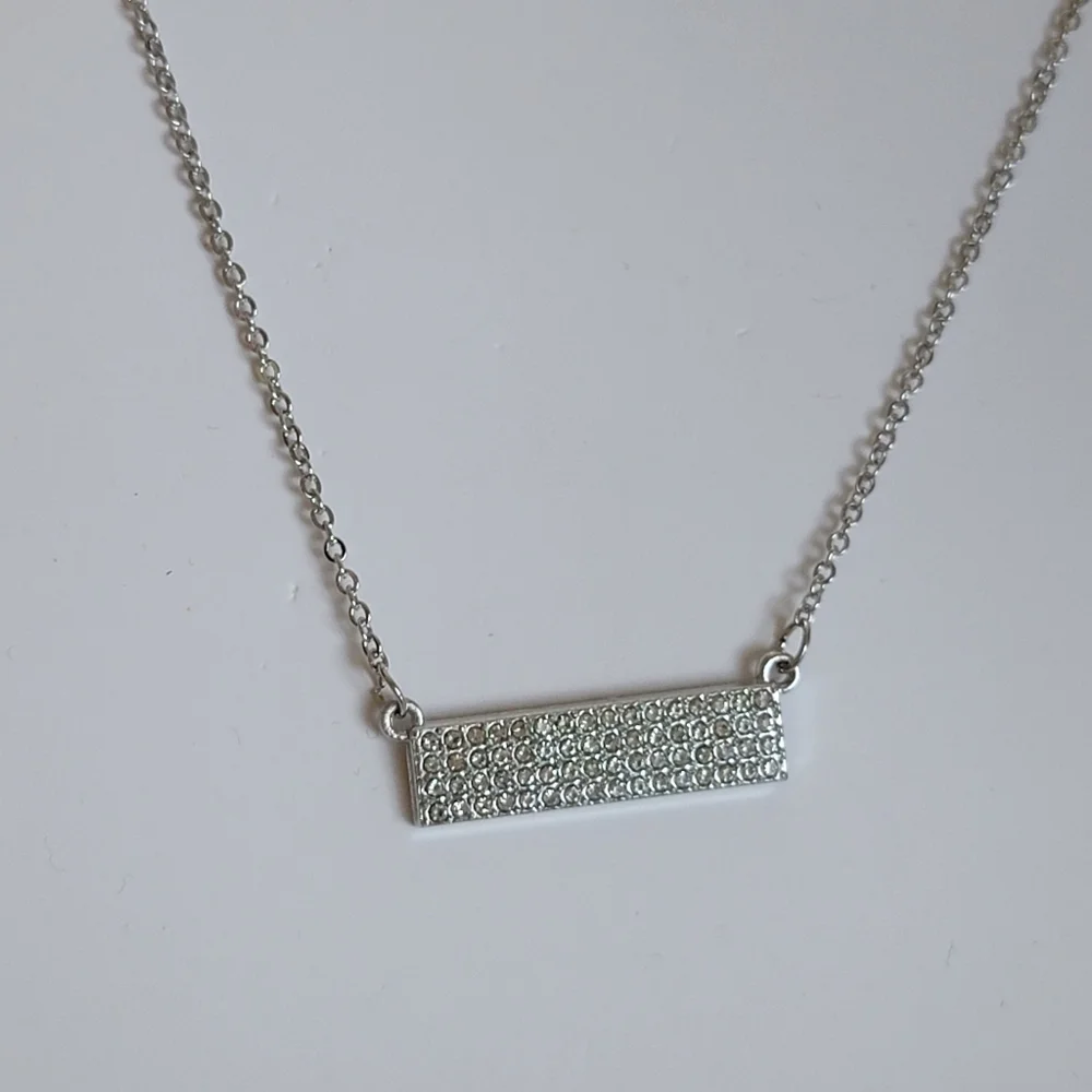 Pave Bar Necklace Silver Tone Clear Diamond Rhinestones Iced Out